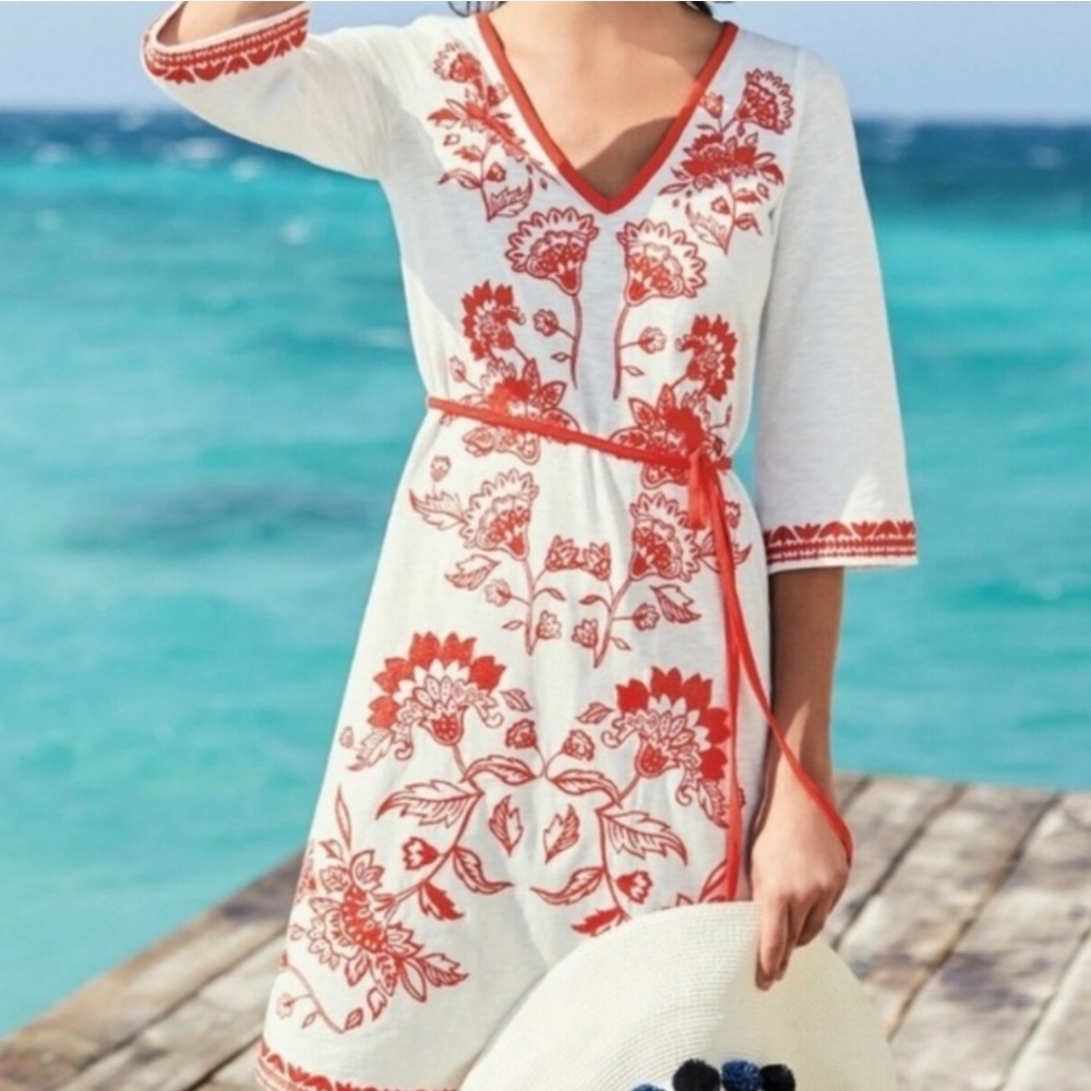 Boden Cammie Floral Embroidered Kaftan Shift Dress Waist Tie NWT US Size 6R Boho